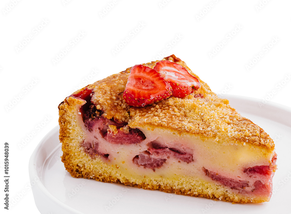 Slice of strawberry cake lying on white plate Slice of strawberry cake lying on white plate