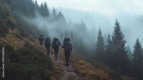 A group of hikers ascends a winding trail surrounded by dense evergreen trees while mist rolls through the landscape, creating a serene atmosphere