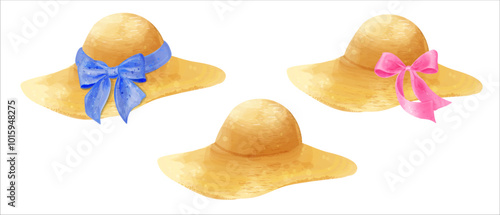 Set of straw hats with bows. Vector watercolor illustration of a hat