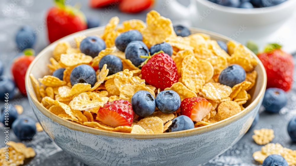 Nutritious cornflake breakfast featuring blueberries and strawberries with a white cup background Nutritious cornflake breakfast featuring blueberries and strawberries with a white cup background