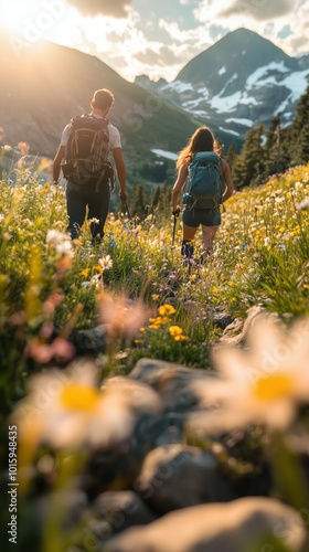 As the sun sets behind majestic peaks, a couple hikes along a trail filled with colorful wildflowers, enjoying the beauty of nature together