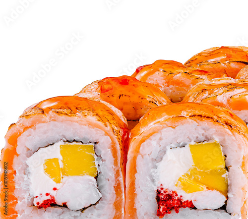 Sushi set with mango and red tobiko caviar is served on white background photo