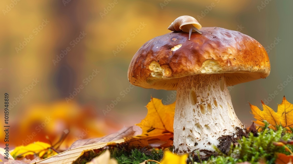 Close up of a porcini mushroom with a snail on its cap amidst moss and autumn leaves in the forest Close up of a porcini mushroom with a snail on its cap amidst moss and autumn leaves in the forest