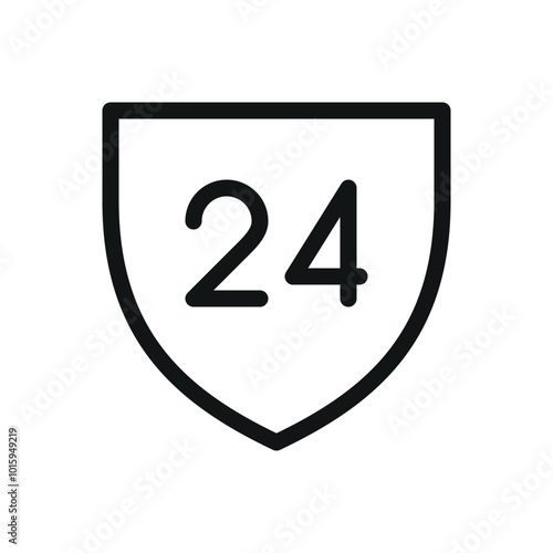 24 hours protection isolated icon, shield with 24h vector symbol with editable stroke