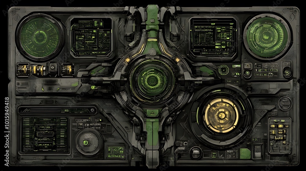 Futuristic Interface Panel with Green and Yellow Lights Futuristic Interface Panel with Green and Yellow Lights