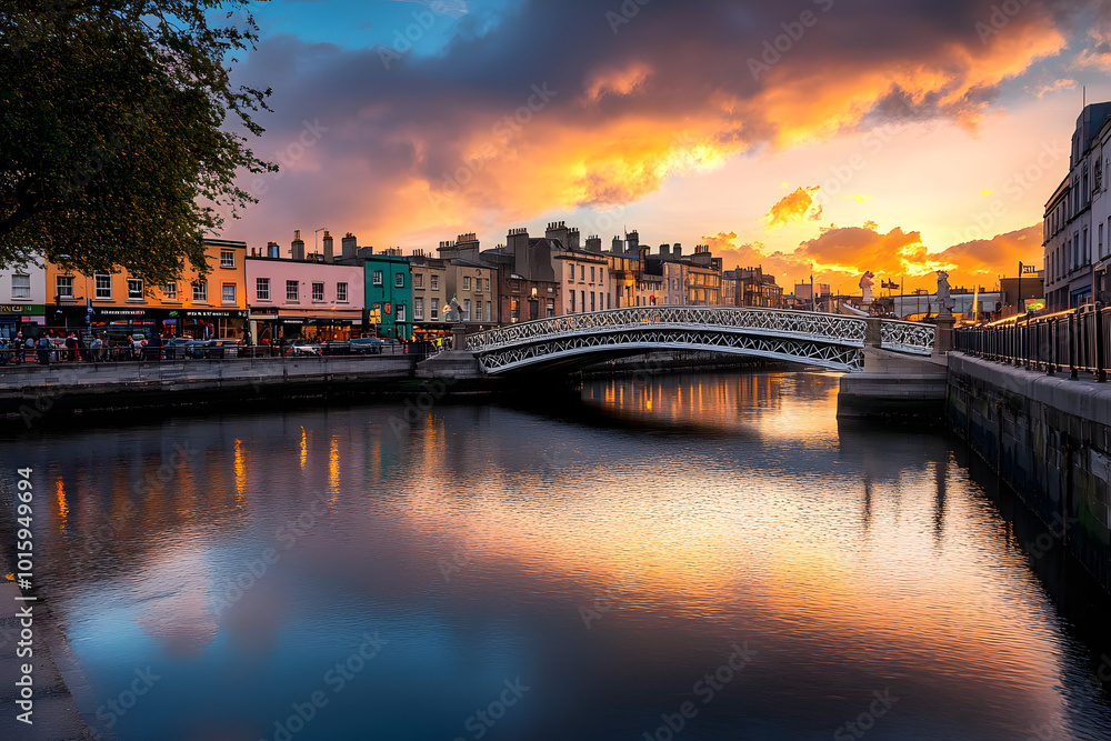 Naklejka premium Ha'penny Bridge is over river Liffey in sunset, Dublin, Ireland