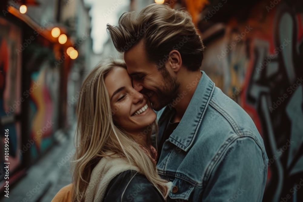 Beautiful young couple is hugging and smiling while walking in the city Beautiful young couple is hugging and smiling while walking in the city