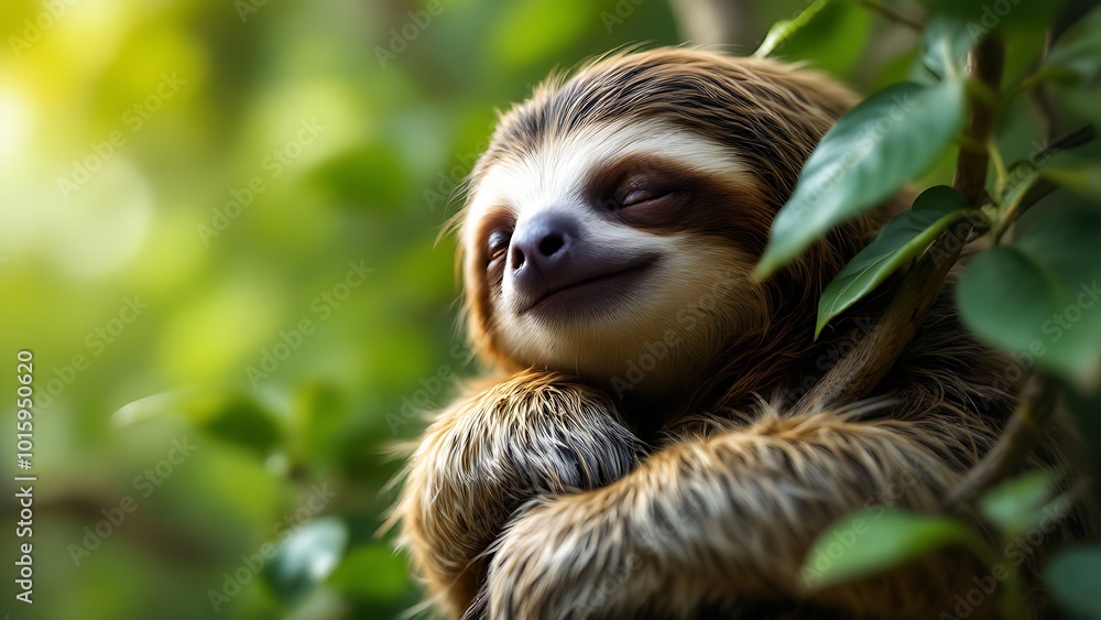 A close-up of a sloth hanging on a tree branch surrounded by green leaves A close-up of a sloth hanging on a tree branch surrounded by green leaves