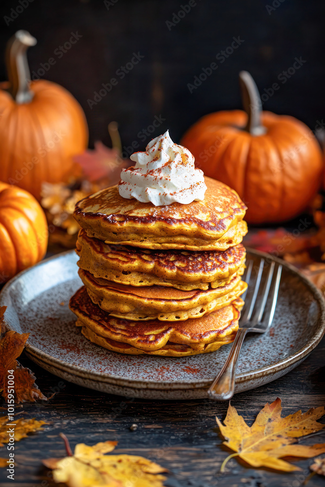Stack of pumpkin pancakes topped with whipped cream on a dark rustic table with autumn leaves and pumpkins, perfect for fall food concepts. Stack of pumpkin pancakes topped with whipped cream on a dark rustic table with autumn leaves and pumpkins, perfect for fall food concepts.