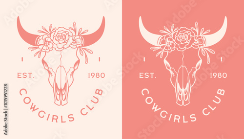 Cowgirl club pink country girl floral cow skull badge shirt design. Retro vintage wild west coastal preppy cowgirls romance aesthetic printable birthday bachelorette party besties squad cut file.