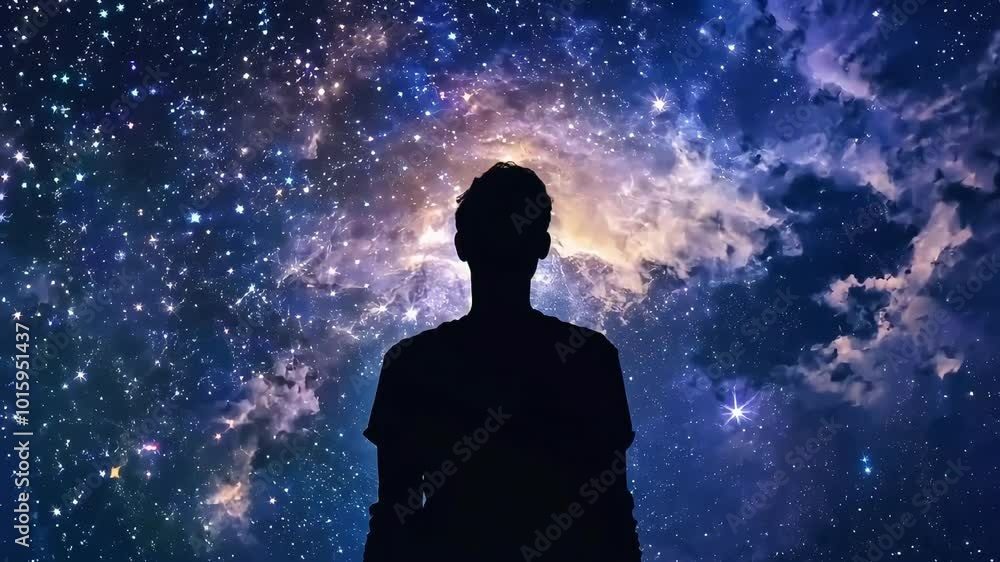 Mesmerizing space scene with a backdrop of stars and a glowing nebula, featuring the silhouette of a person reaching towards the stars, symbolizing aspiration and wonder in the vast universe Mesmerizing space scene with a backdrop of stars and a glowing nebula, featuring the silhouette of a person reaching towards the stars, symbolizing aspiration and wonder in the vast universe
