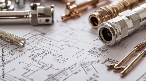 plumbing details placed on technical drawings and diagrams, close-up
