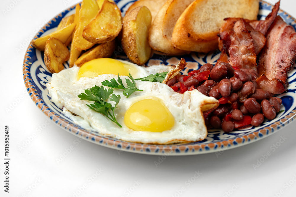 Delicious breakfast plate featuring eggs, beans, bacon, and potato wedges served on a decorative dish Delicious breakfast plate featuring eggs, beans, bacon, and potato wedges served on a decorative dish