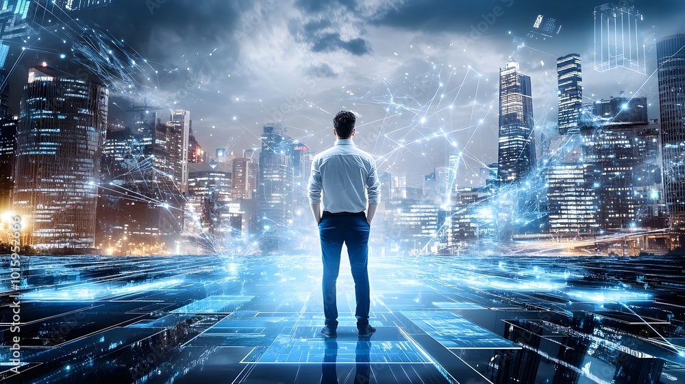 Businessman Standing in Front of a Cityscape with Digital Network Businessman Standing in Front of a Cityscape with Digital Network