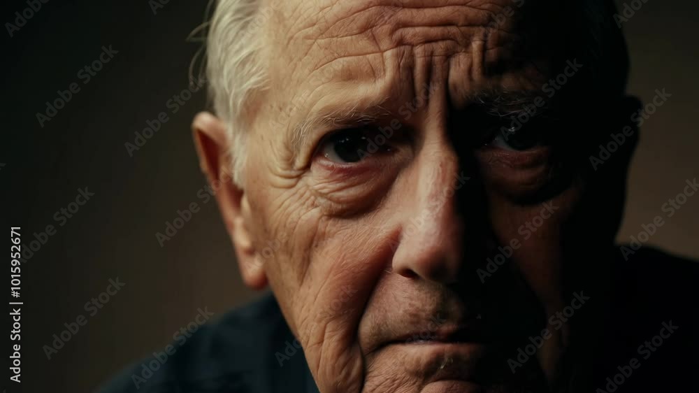 Dramatic close-up of elderly man with hearing aid, confusion turning to understanding under dramatic side lighting Dramatic close-up of elderly man with hearing aid, confusion turning to understanding under dramatic side lighting