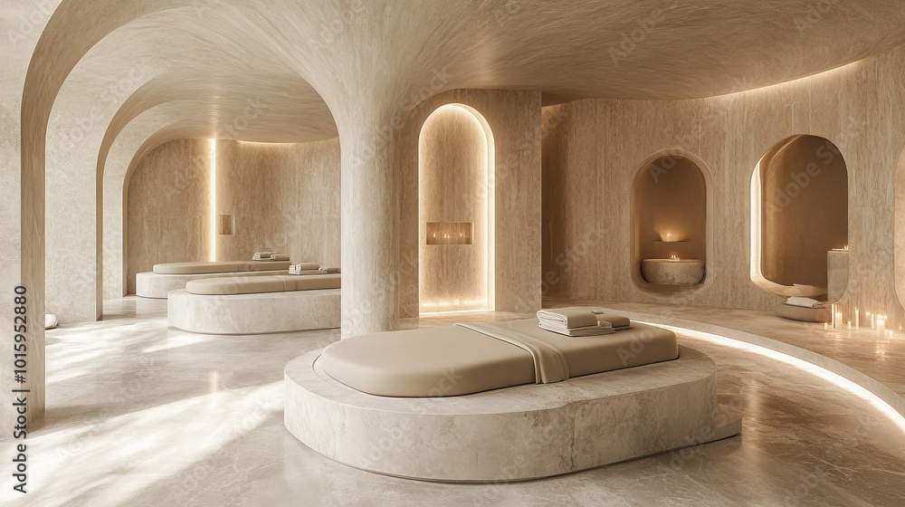 An elegant spa with circular massage tables, marble flooring, and ambient lighting from above, creating a serene, modern space for relaxation. An elegant spa with circular massage tables, marble flooring, and ambient lighting from above, creating a serene, modern space for relaxation.