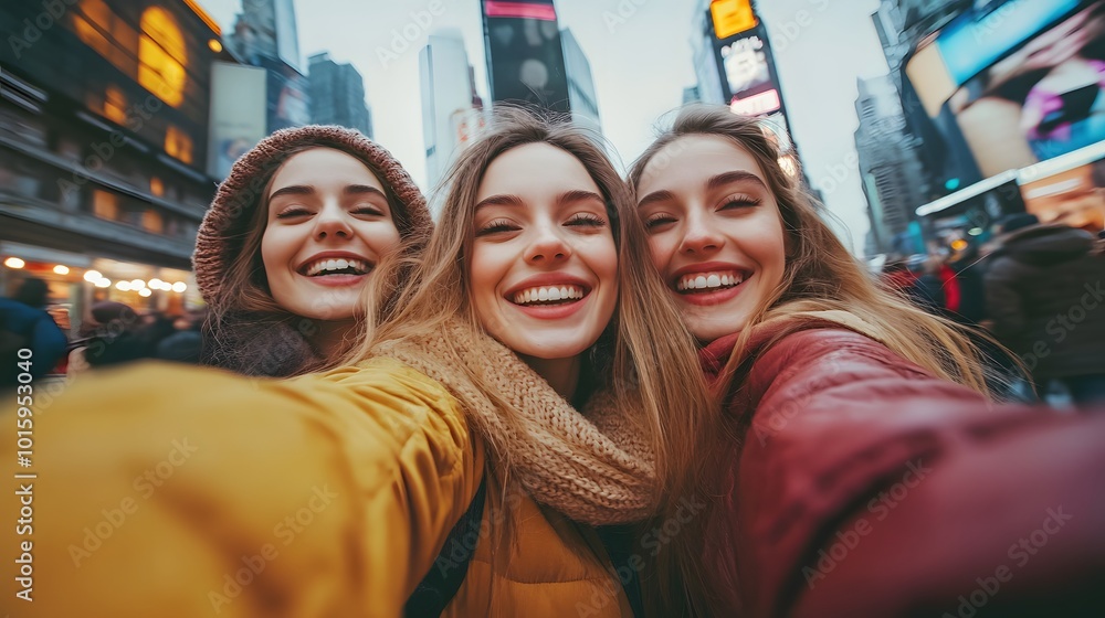 Three Smiling Women Taking a Selfie in a City Setting Three Smiling Women Taking a Selfie in a City Setting