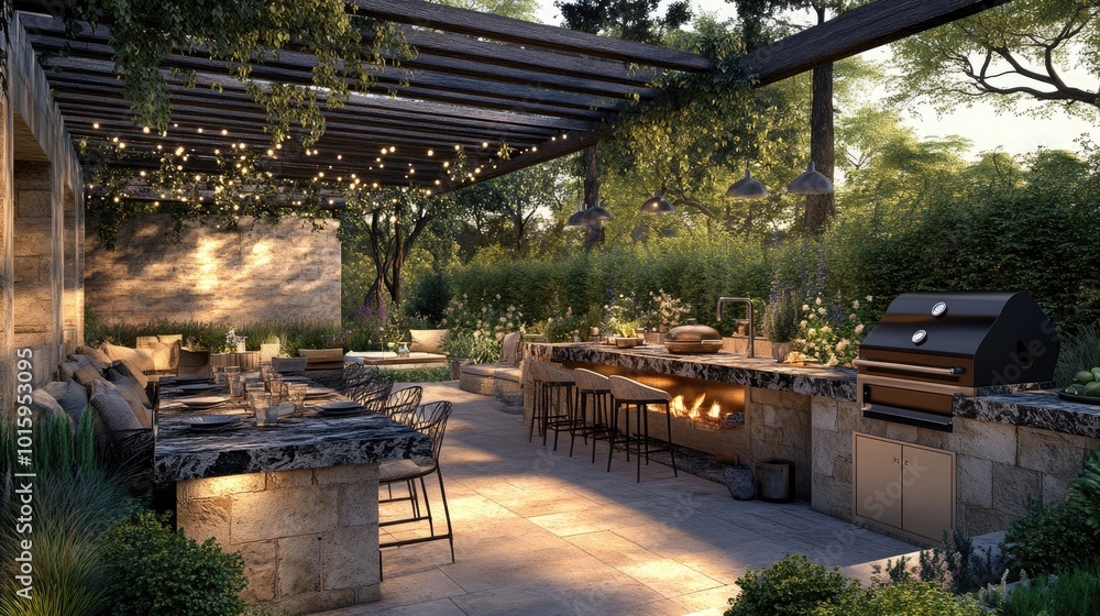 A luxury outdoor kitchen set in a landscaped patio A luxury outdoor kitchen set in a landscaped patio