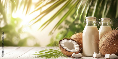 Whole coconuts and bottles of coconut milk on a sunny, tropical backdrop, symbolizing natural, plant-based beverages and the versatility of coconuts in food and drinks.