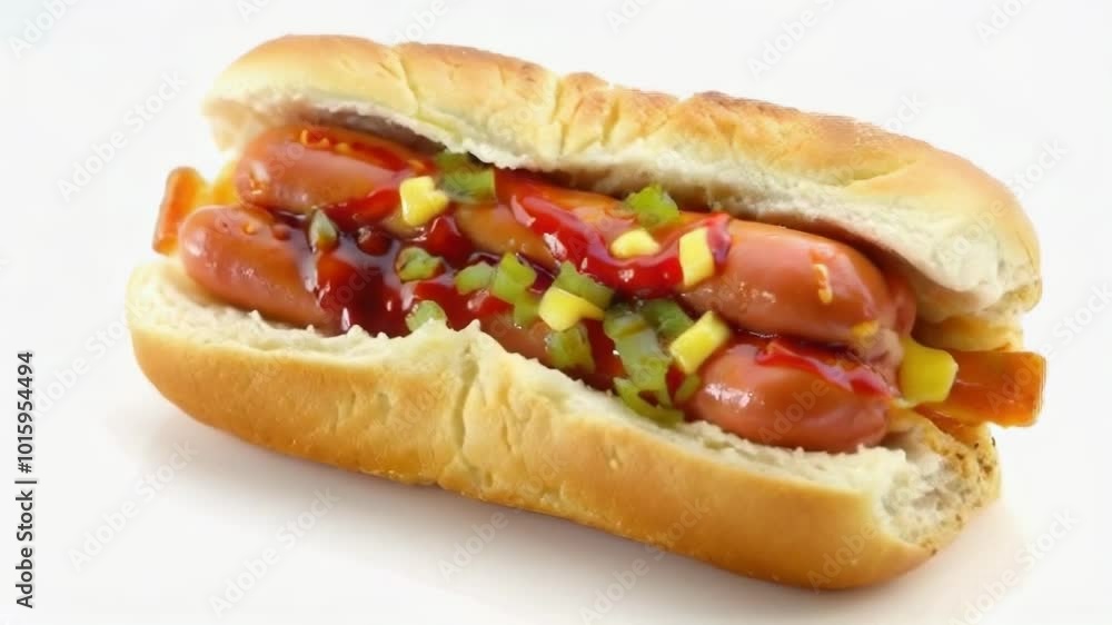A vibrant hotdog with various toppings showcased in a close-up, emphasizing its appetizing presentation and casual dining theme. A vibrant hotdog with various toppings showcased in a close-up, emphasizing its appetizing presentation and casual dining theme.