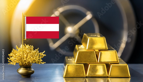 Flag of Austria on a potted golden plant,and gold bars against blurry armored door of a vault.Price,value,trade,production,business,finance and economy concept. photo