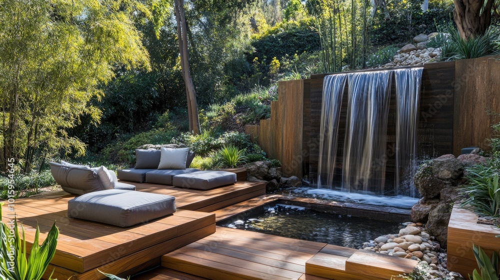 A minimalist zen retreat in the backyard with a wooden deck A minimalist zen retreat in the backyard with a wooden deck