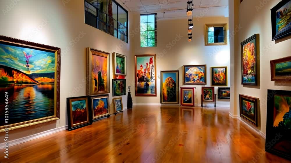 A vibrant art gallery featuring an array of colorful paintings, showcasing creativity and inviting viewer engagement. A vibrant art gallery featuring an array of colorful paintings, showcasing creativity and inviting viewer engagement.
