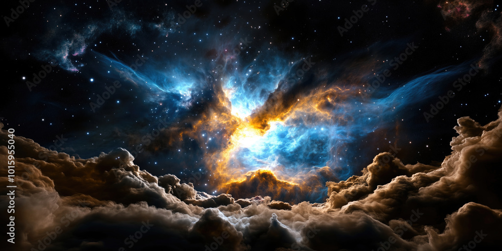 Fototapeta premium A breathtaking image of a vibrant nebula in deep space, featuring swirling clouds of blue and orange light, surrounded by a star-filled galaxy in a vast and mysterious cosmic landscape.