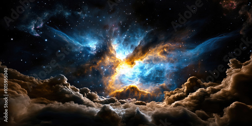 A breathtaking image of a vibrant nebula in deep space, featuring swirling clouds of blue and orange light, surrounded by a star-filled galaxy in a vast and mysterious cosmic landscape.