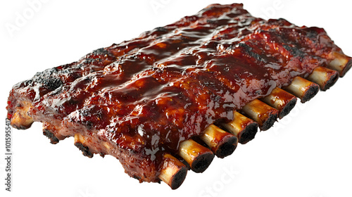 BBQ ribs with a sticky glaze and a charred finish, isolated on white