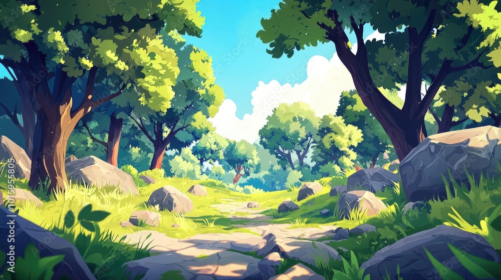 A winding path through a lush forest with large stones scattered along the way. A winding path through a lush forest with large stones scattered along the way.