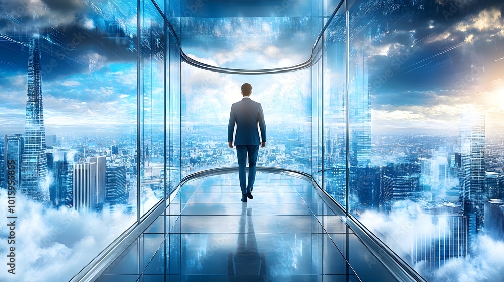 Businessman Walking Towards Cityscape From Glass Corridor Businessman Walking Towards Cityscape From Glass Corridor