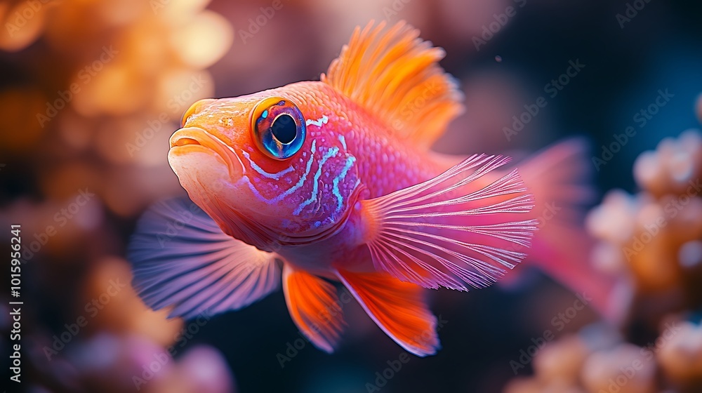 A vibrant orange and pink fish with blue stripes swims in a coral reef. A vibrant orange and pink fish with blue stripes swims in a coral reef.