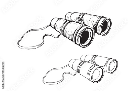 Classic efficient hand rough metallic black binocular isolated on white. Vector freehand ink drawn background sketch in scribble antiquity style of pen on paper. View close-up with space for text