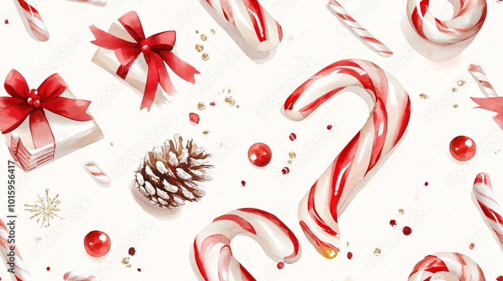 Hand-Drawn Watercolor Candy Canes and Festive Bows Hand-Drawn Watercolor Candy Canes and Festive Bows