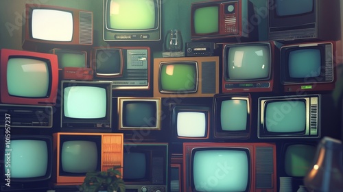 A collection of vintage TVs in a unique and artistic arrangement, retro colors and old-fashioned charm, ideal for a festive scene with ample text space