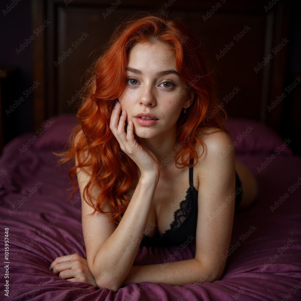 Fototapeta premium Stunning Redhead in Black Lingerie