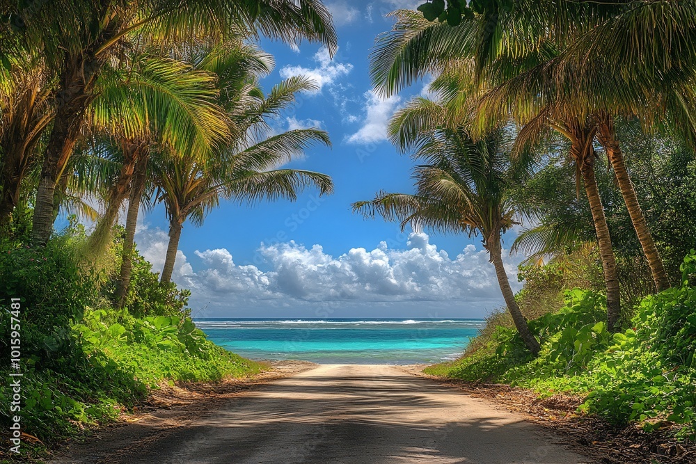 A road with palm trees on either side leading to the ocean A road with palm trees on either side leading to the ocean