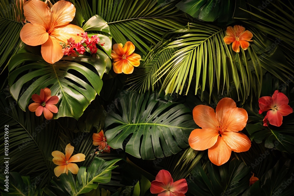 A bunch of flowers with green leaves and orange flowers A bunch of flowers with green leaves and orange flowers