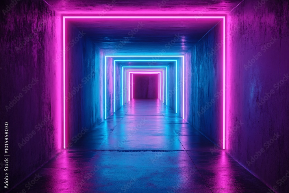 A long hallway with neon lights A long hallway with neon lights