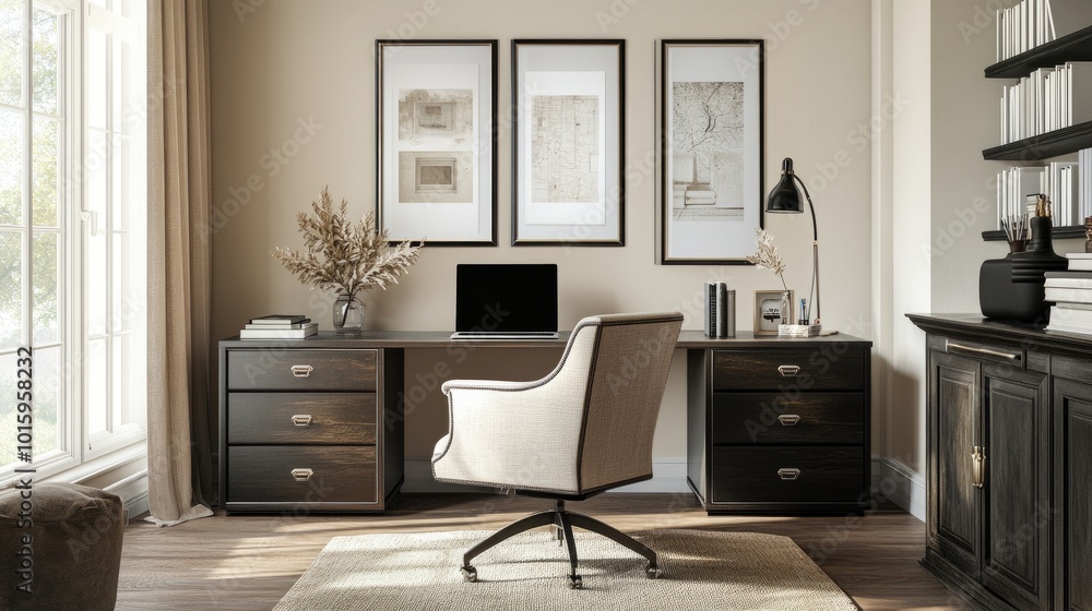 Elegant home office with a chair, desk, and black mock-up frame, featuring a laptop, books, and decorative accessories, plenty of room for copy Elegant home office with a chair, desk, and black mock-up frame, featuring a laptop, books, and decorative accessories, plenty of room for copy