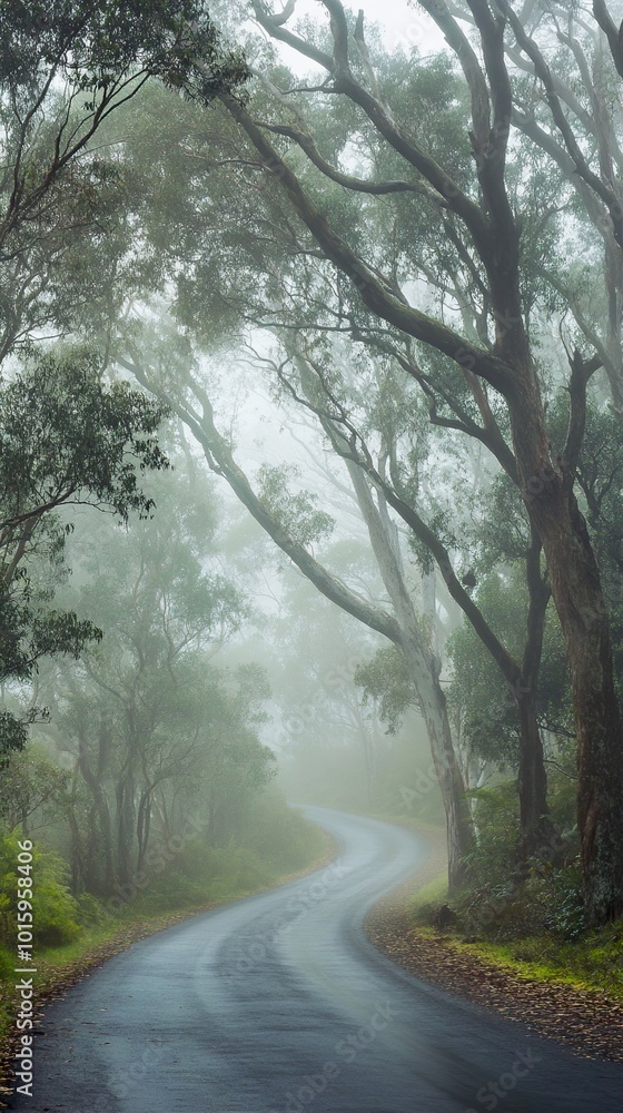 Obraz premium Winding Road Through a Foggy Forest