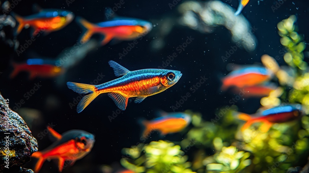 Naklejka premium A vibrant underwater scene featuring colorful fish swimming among aquatic plants, ideal for use in nature documentaries, aquarium brochures, or educational materials about marine life and ecosystems,
