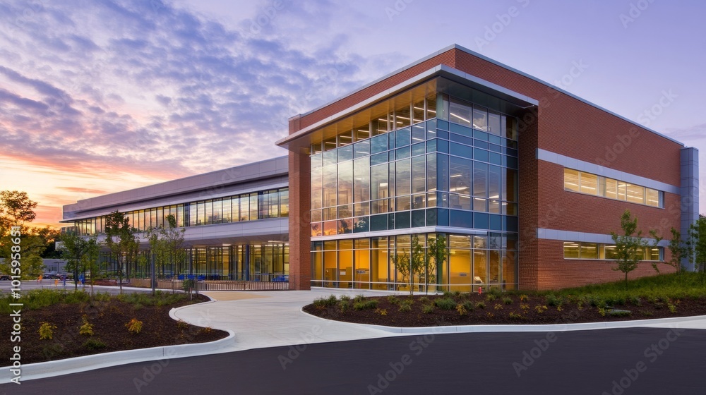 Exterior of a modern hospital building, with contemporary design, large glass windows, and sleek materials, highlighting innovative healthcare architecture Exterior of a modern hospital building, with contemporary design, large glass windows, and sleek materials, highlighting innovative healthcare architecture