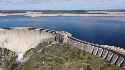 Bird's eye view of Almendra Dam in Salamanca, Spain. Villarino Dam interrupts course of Tormes River. photo