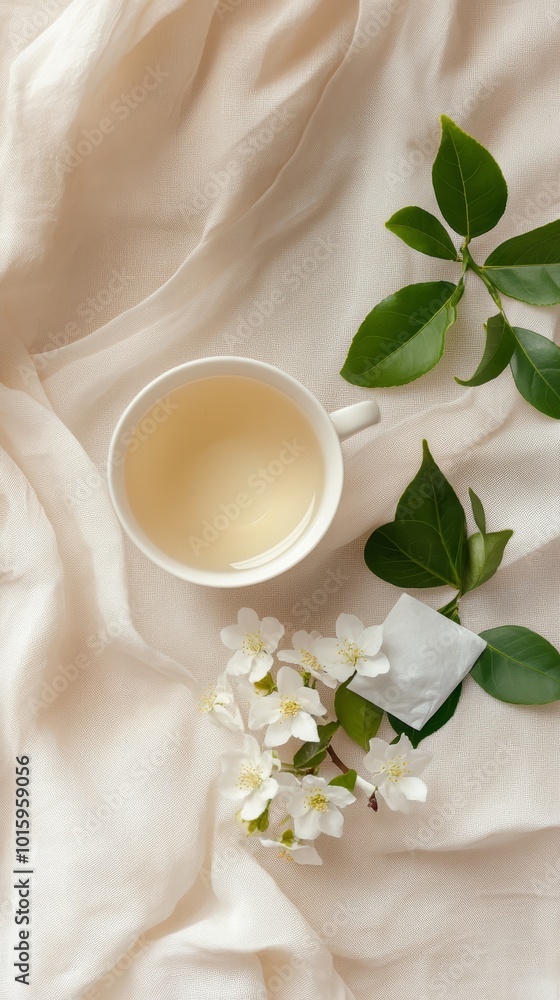Minimalistic, light beige background with white tea cup and small flowers, white cloth napkin next to it, flat lay photography style, simple and clean composition, natural lighting, high resolution Minimalistic, light beige background with white tea cup and small flowers, white cloth napkin next to it, flat lay photography style, simple and clean composition, natural lighting, high resolution