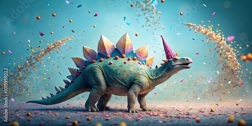 A whimsical dinosaur wearing a party hat amidst a celebration of vibrant confetti and swirling abstract shapes photo