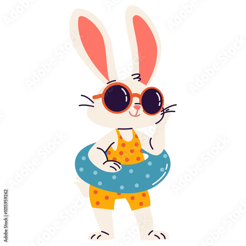 Cute bunny in sunglasses and an inflatable ring. Flat vector illustration in children's style on a summer theme. Vector illustration
