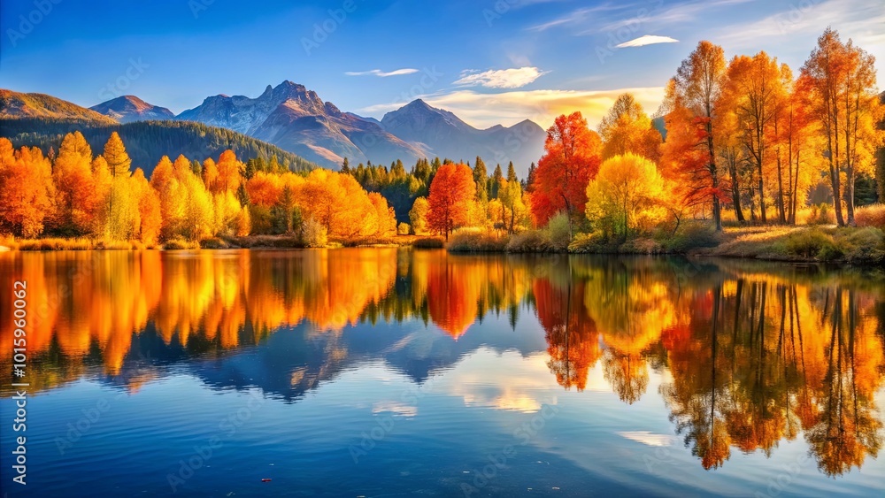 Fototapeta premium A scenic reflection of autumnal trees in a tranquil lake, with a backdrop of majestic mountains and a vibrant sky