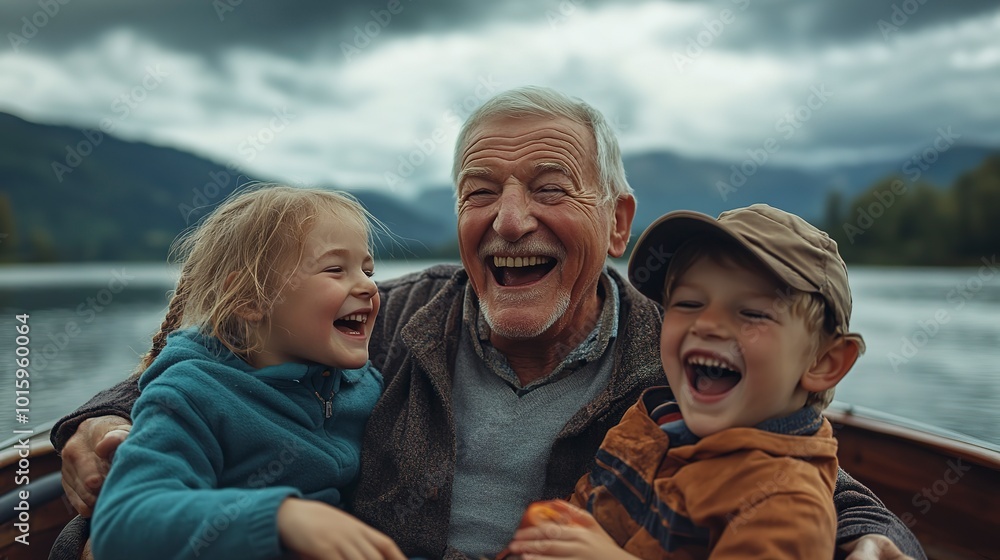 Portrait of a happy grandfather with his grandchildren on a boat at lake, they are laughing and smiling. Portrait of a happy grandfather with his grandchildren on a boat at lake, they are laughing and smiling.